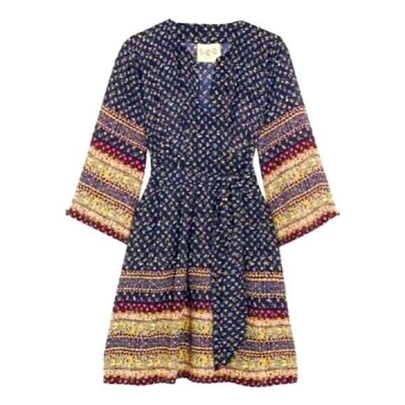 Sea New York Printed Kimono Sleeves Tie Waist‎ Belt Silk Mini Navy Dress Size 2 - Picture 1 of 9